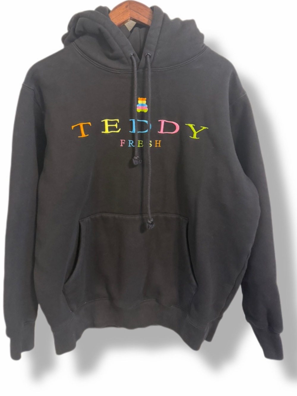 Teddy Fresh Color Block Logo Hoodie Black Rainbow Embroidered Pullover Medium